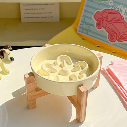 Ceramic Slow Feeder Pet Bowl with Wooden Stand