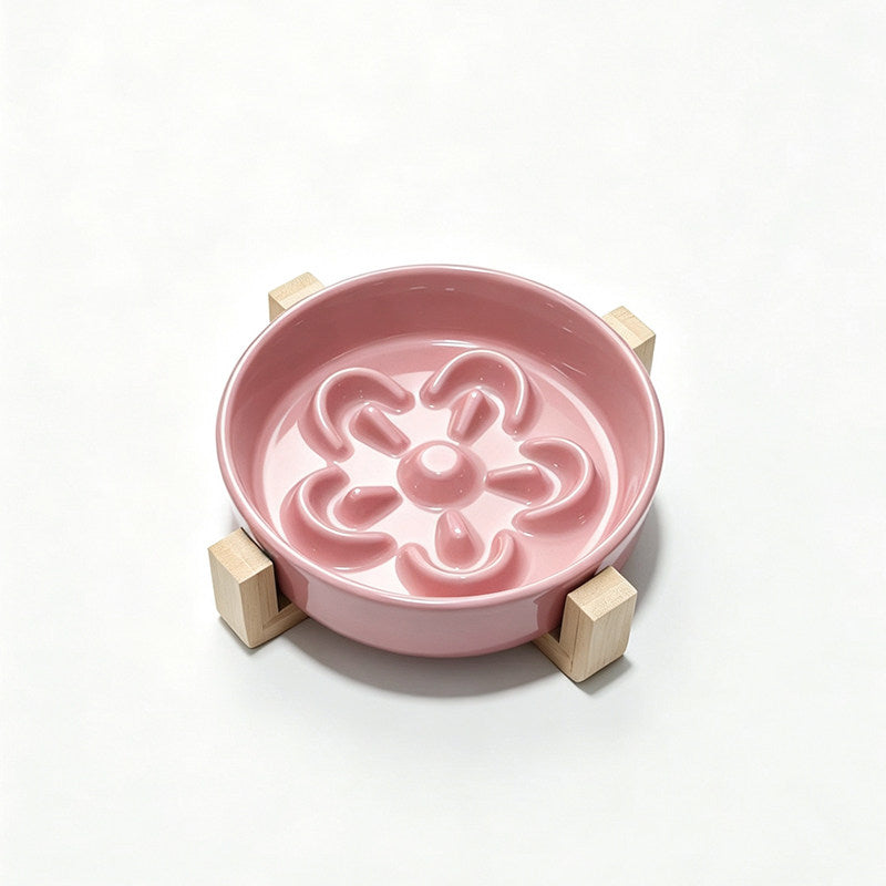 Ceramic Slow Feeder Pet Bowl with Wooden Stand