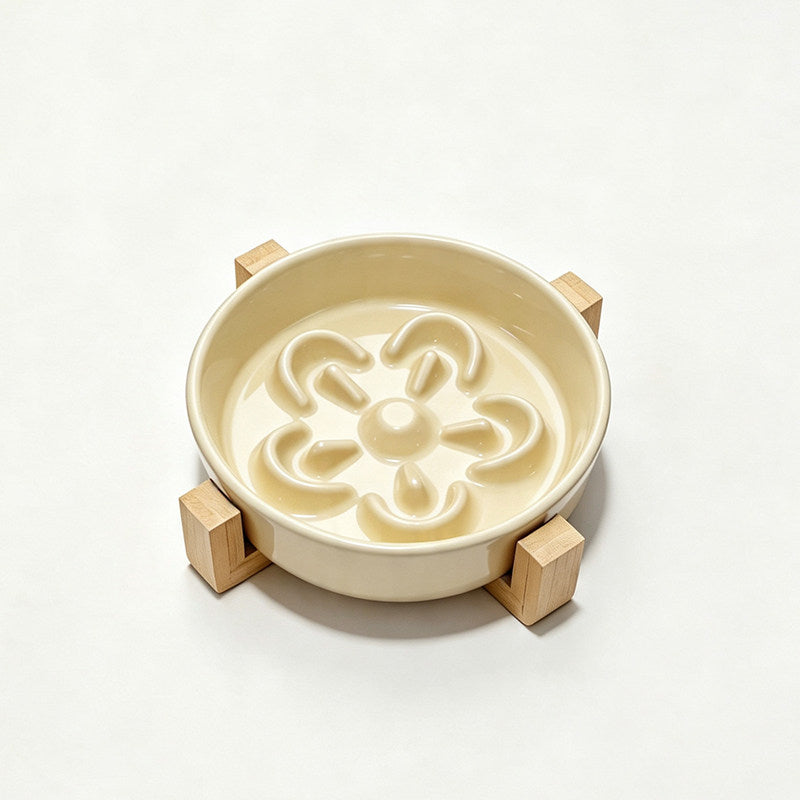 Ceramic Slow Feeder Pet Bowl with Wooden Stand