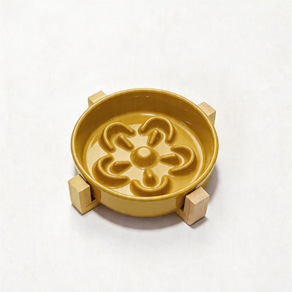 Ceramic Slow Feeder Pet Bowl with Wooden Stand