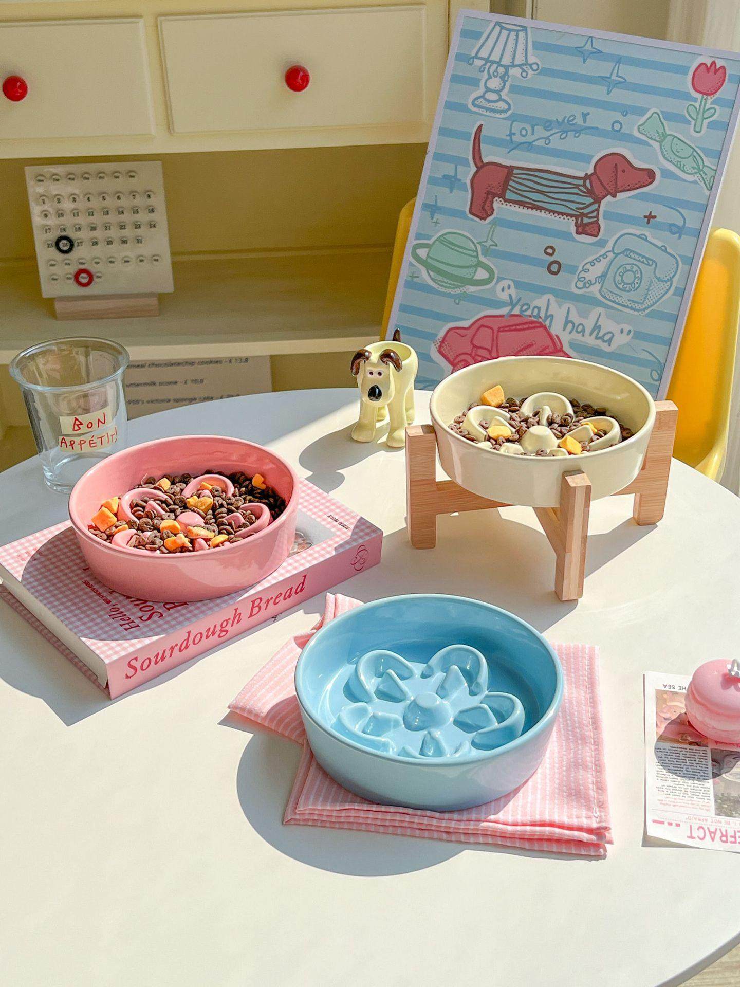 Ceramic Slow Feeder Pet Bowl with Wooden Stand