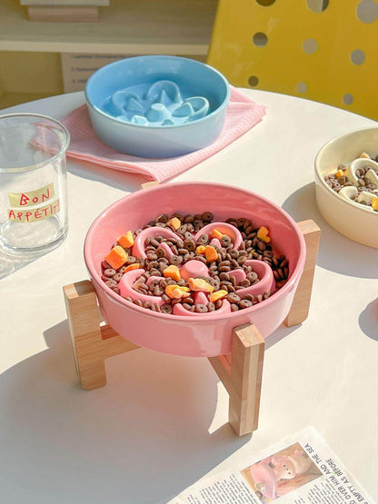Ceramic Slow Feeder Pet Bowl with Wooden Stand