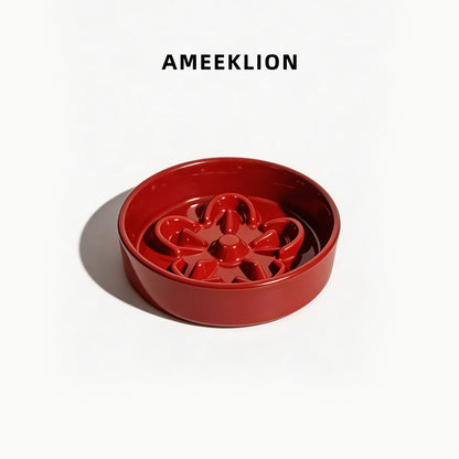 Ceramic Slow Feeder Pet Bowl with Wooden Stand