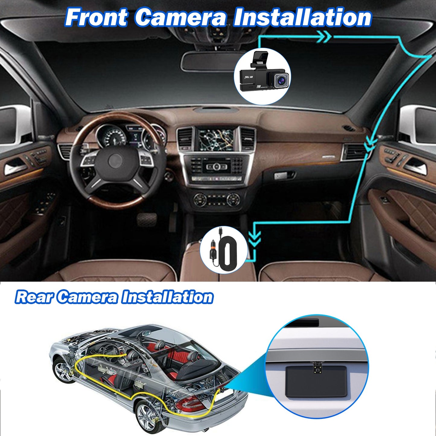 3 Channel Car Dash Camera FHD 1080P WiFi with Night Vision