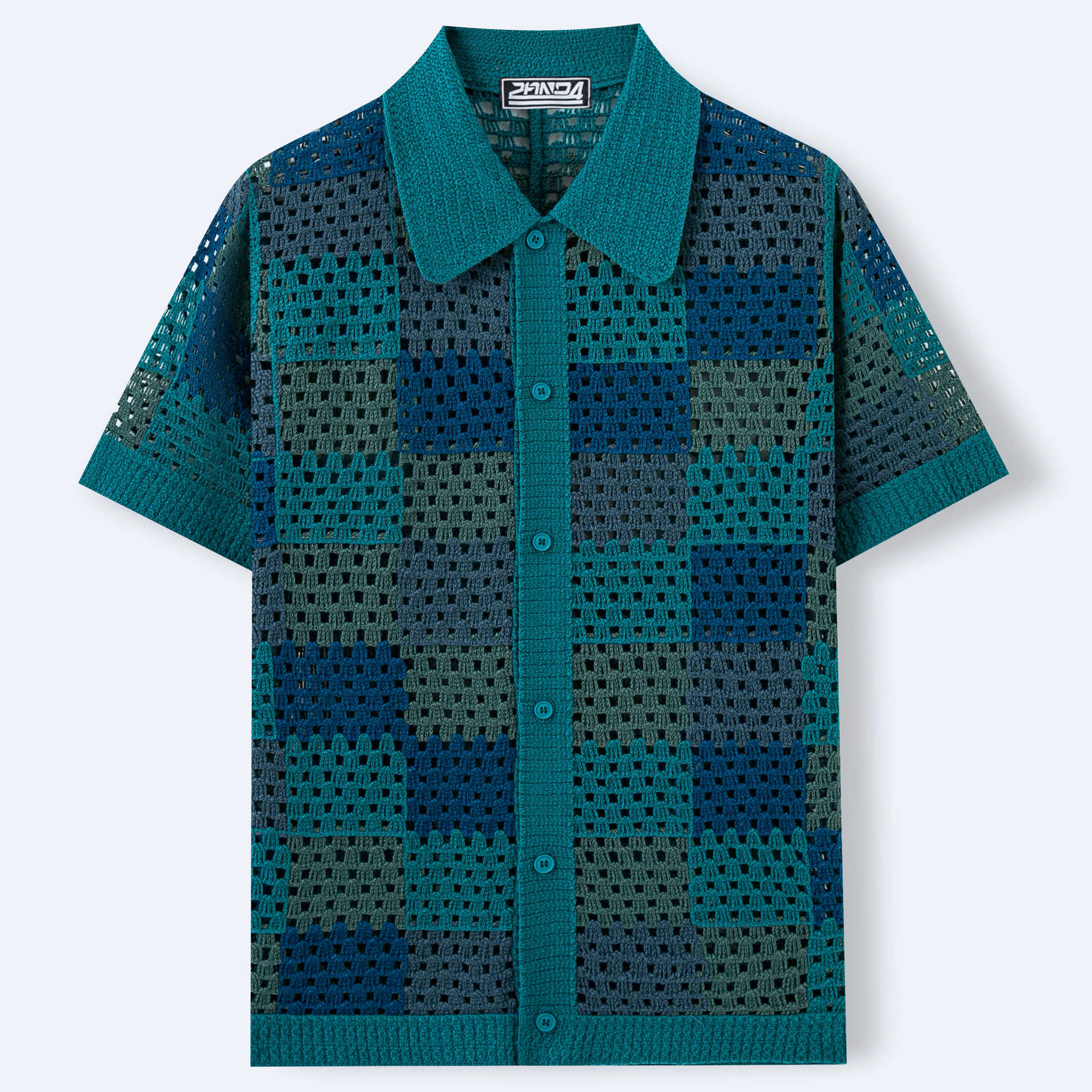 Checkerboard Crochet Knit Polo Shirt