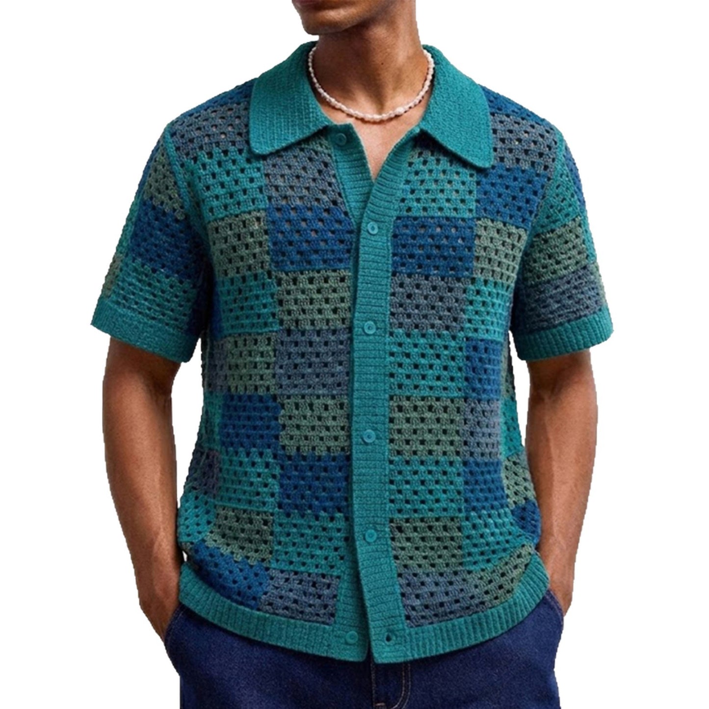 Checkerboard Crochet Knit Polo Shirt