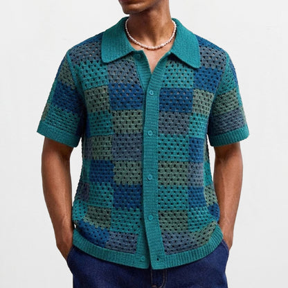 Checkerboard Crochet Knit Polo Shirt