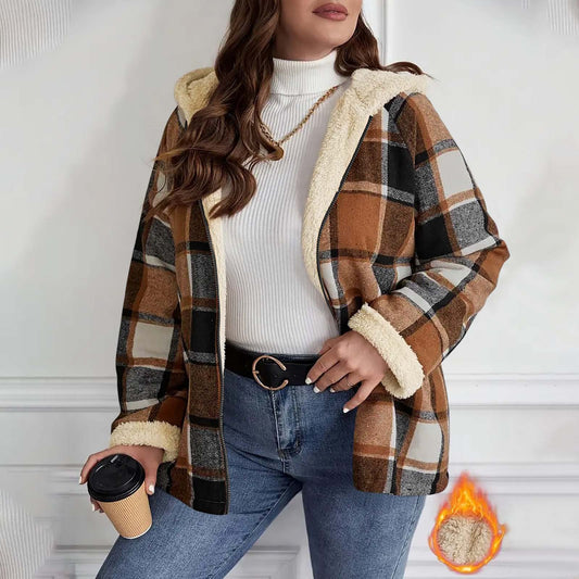Checkered Patchwork Fleece-Lined Hooded Sweatshirt Jacket