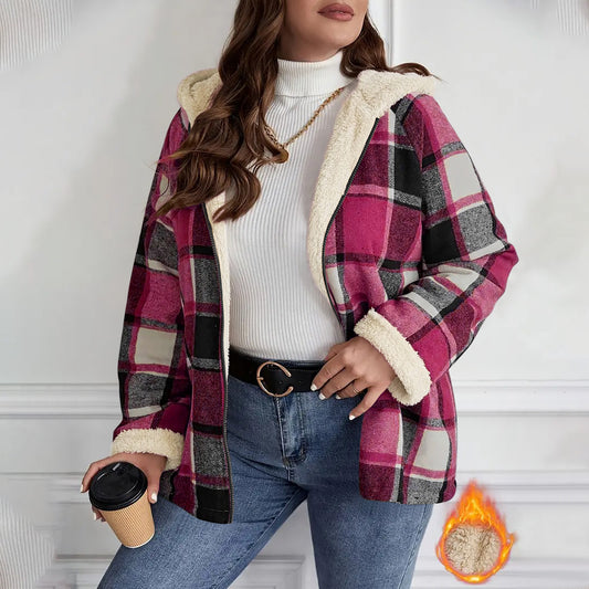 Checkered Patchwork Fleece-Lined Hooded Sweatshirt Jacket