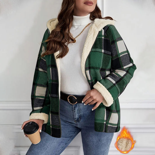 Checkered Patchwork Fleece-Lined Hooded Sweatshirt Jacket
