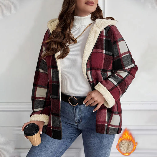 Checkered Patchwork Fleece-Lined Hooded Sweatshirt Jacket