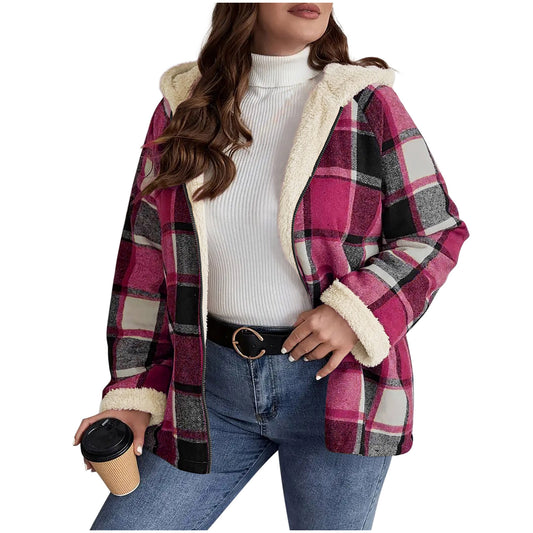 Checkered Patchwork Fleece-Lined Hooded Sweatshirt Jacket