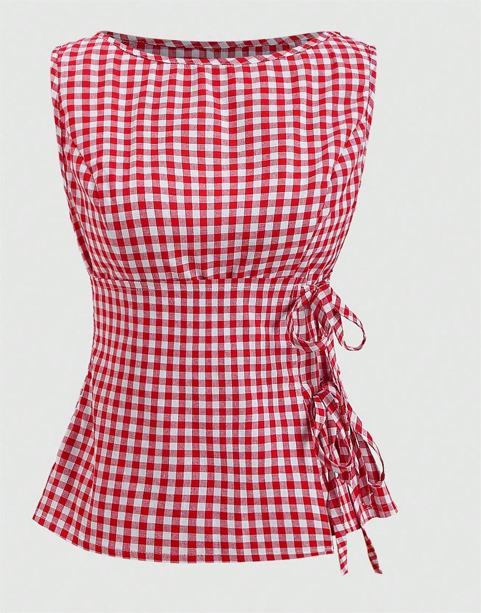 Checkered Sleeveless Tie-Front Top