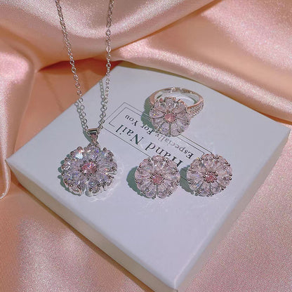 Cherry Blossom Love Zircon suit Jewelry Earrings Necklace Ring Three-piece