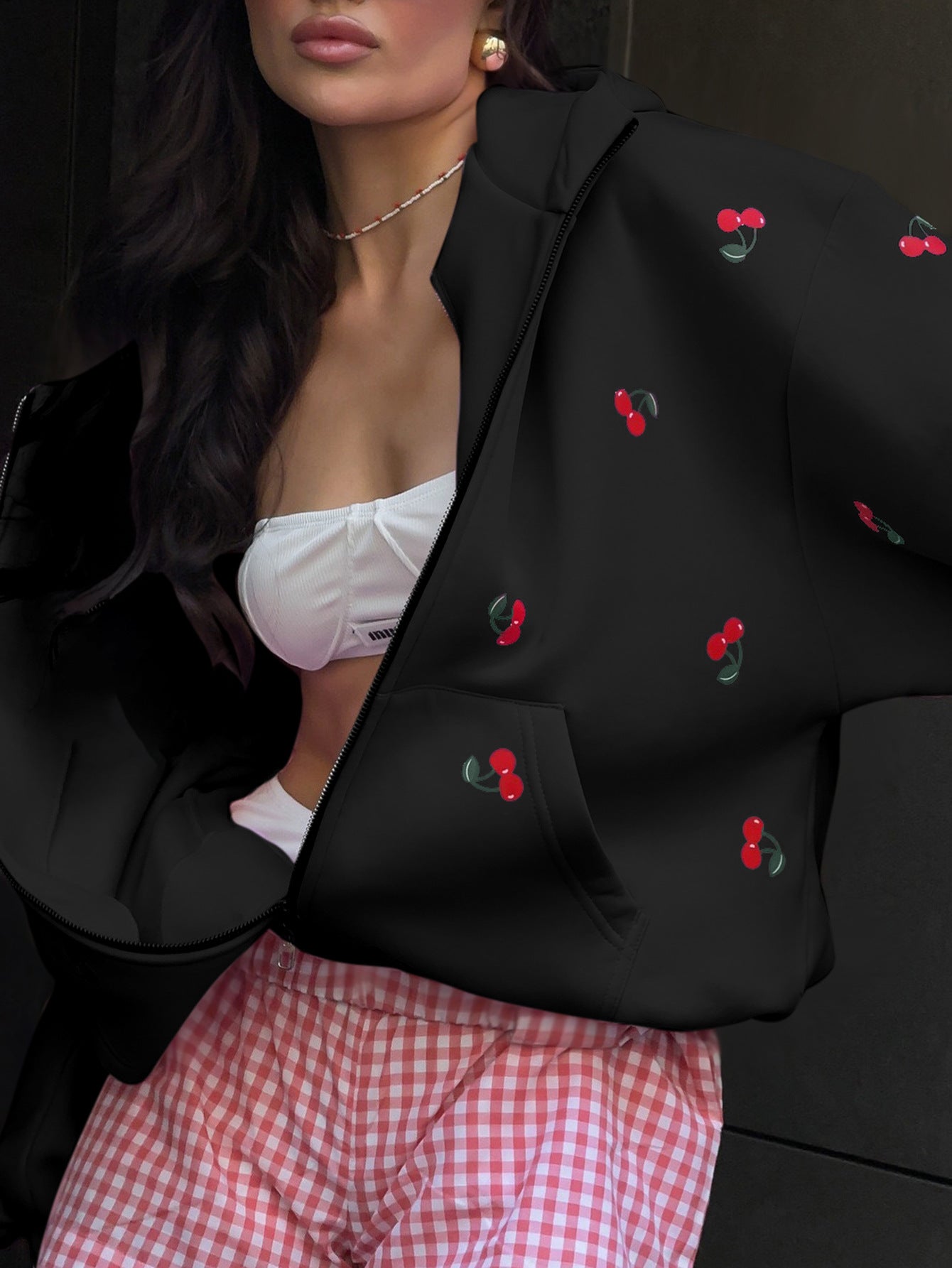 Cherry Print Cotton Hoodie for Women