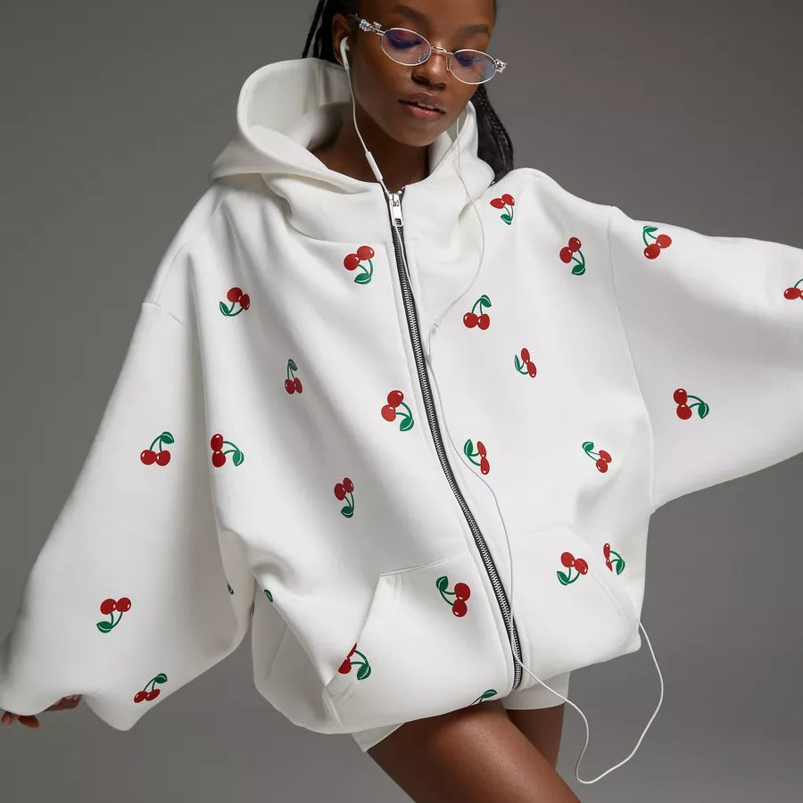 Cherry Print Cotton Hoodie for Women