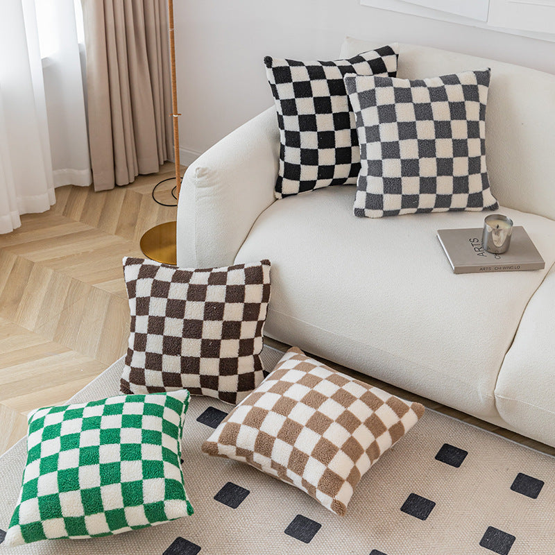 Chessboard Pattern Plush Cushion Cover