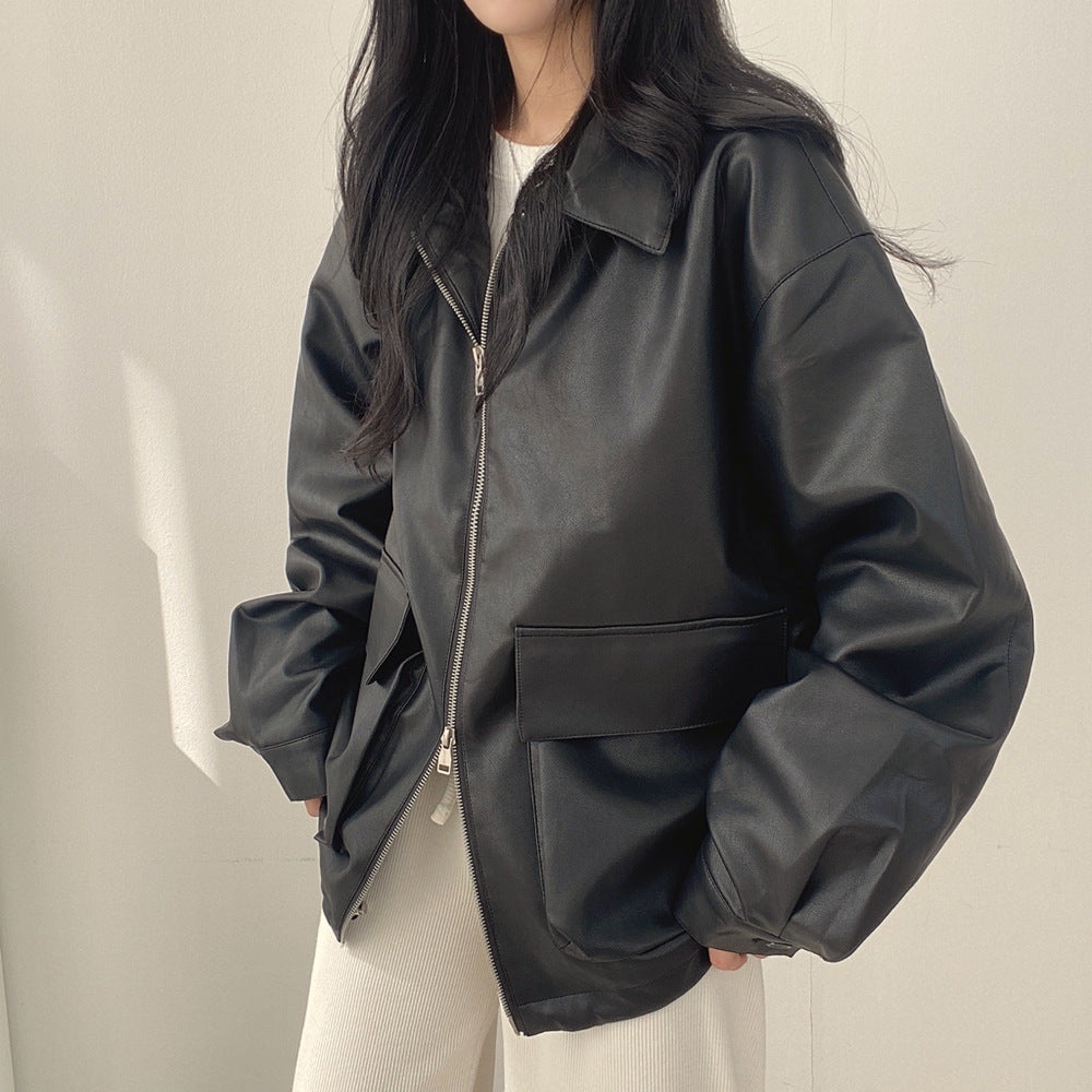 Chic Lapel Double Pocket Leather Jacket