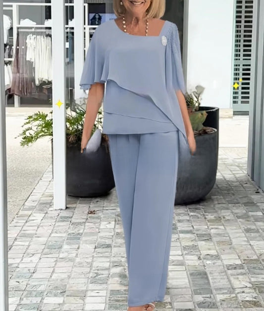 Chiffon Beaded Rhinestone Wide-Leg Pants Set