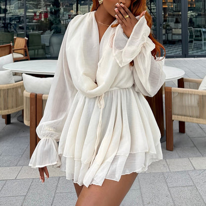 Chiffon Bell Sleeve Dress with Layered Collar