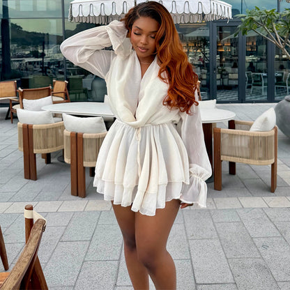 Chiffon Bell Sleeve Dress with Layered Collar