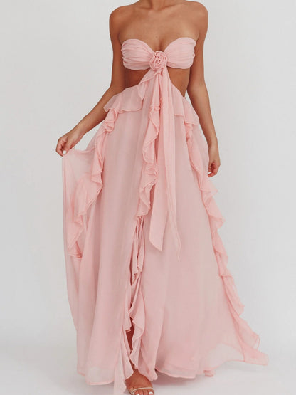 Chiffon Ruffled Tube Top Long Dress