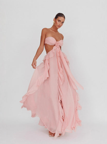 Chiffon Ruffled Tube Top Long Dress
