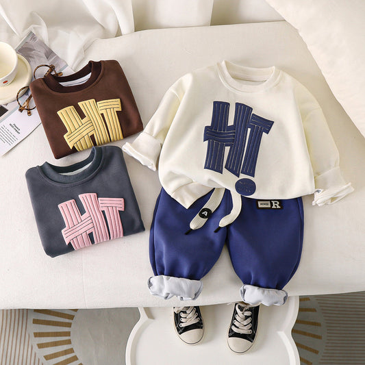 Children's Cartoon Letter Print Sweater Pants Set