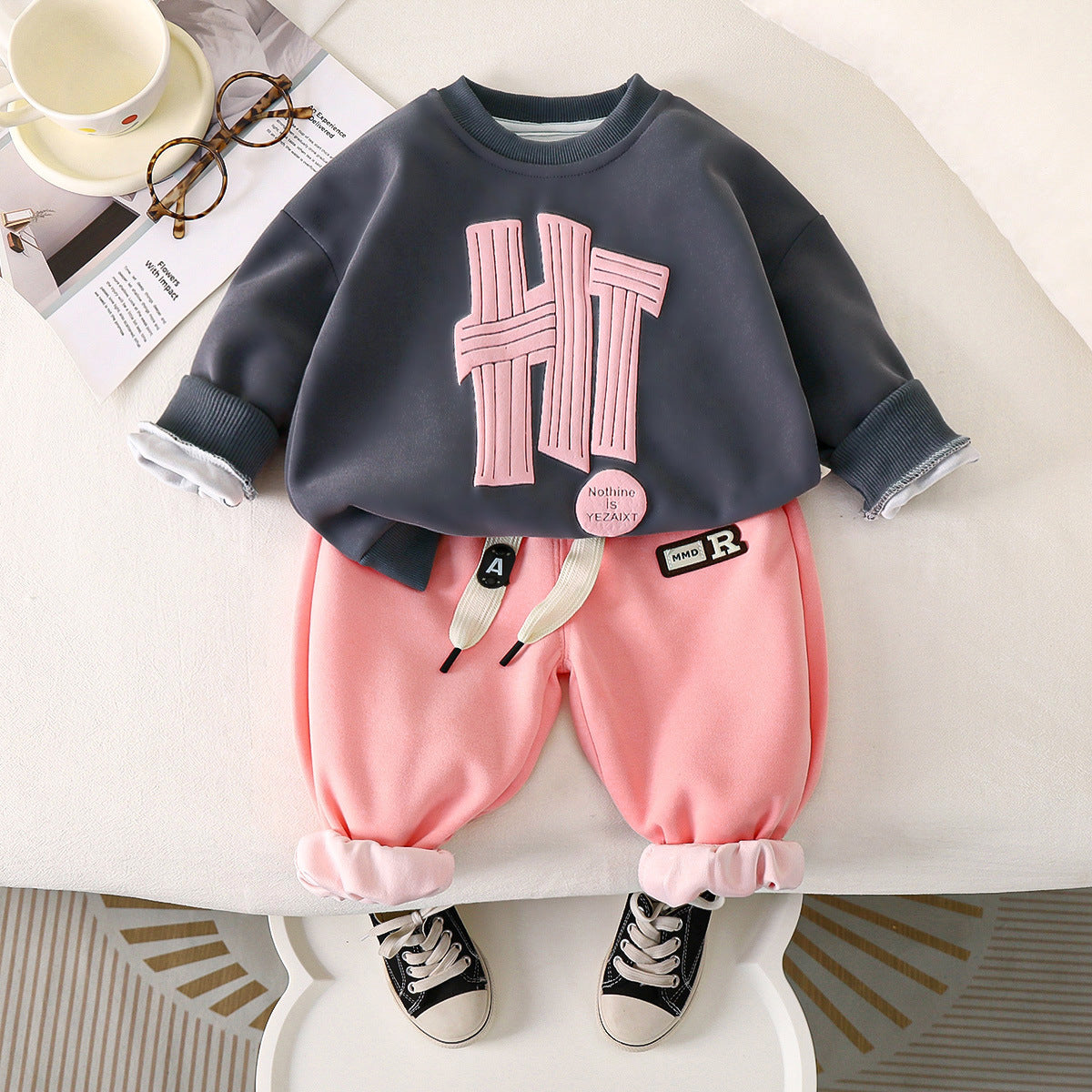 Children's Cartoon Letter Print Sweater Pants Set