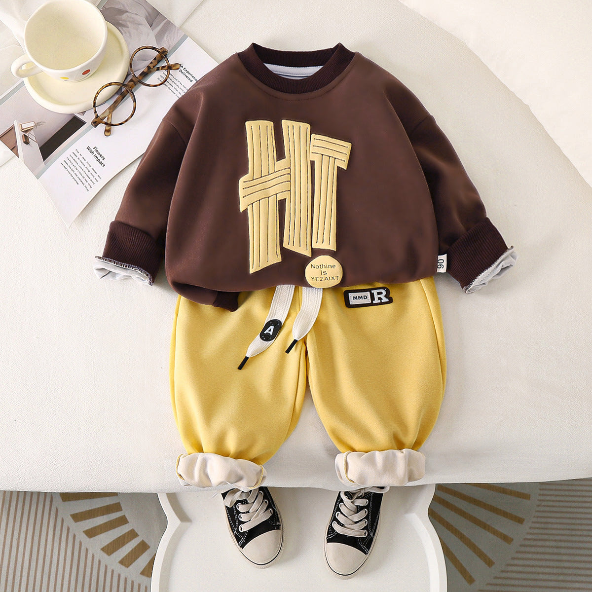 Children's Cartoon Letter Print Sweater Pants Set