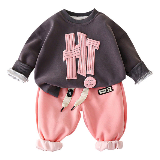 Children's Cartoon Letter Print Sweater Pants Set