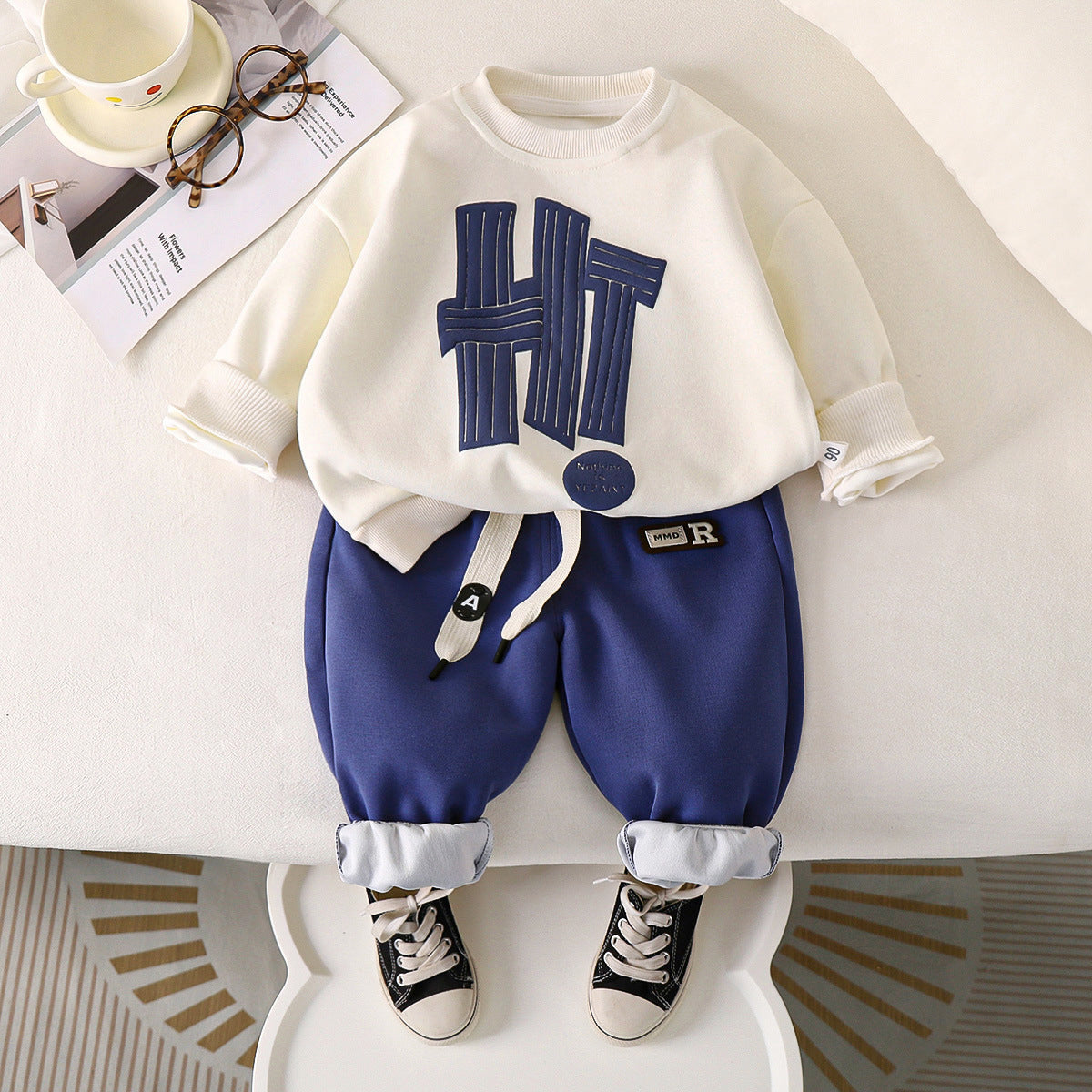 Children's Cartoon Letter Print Sweater Pants Set
