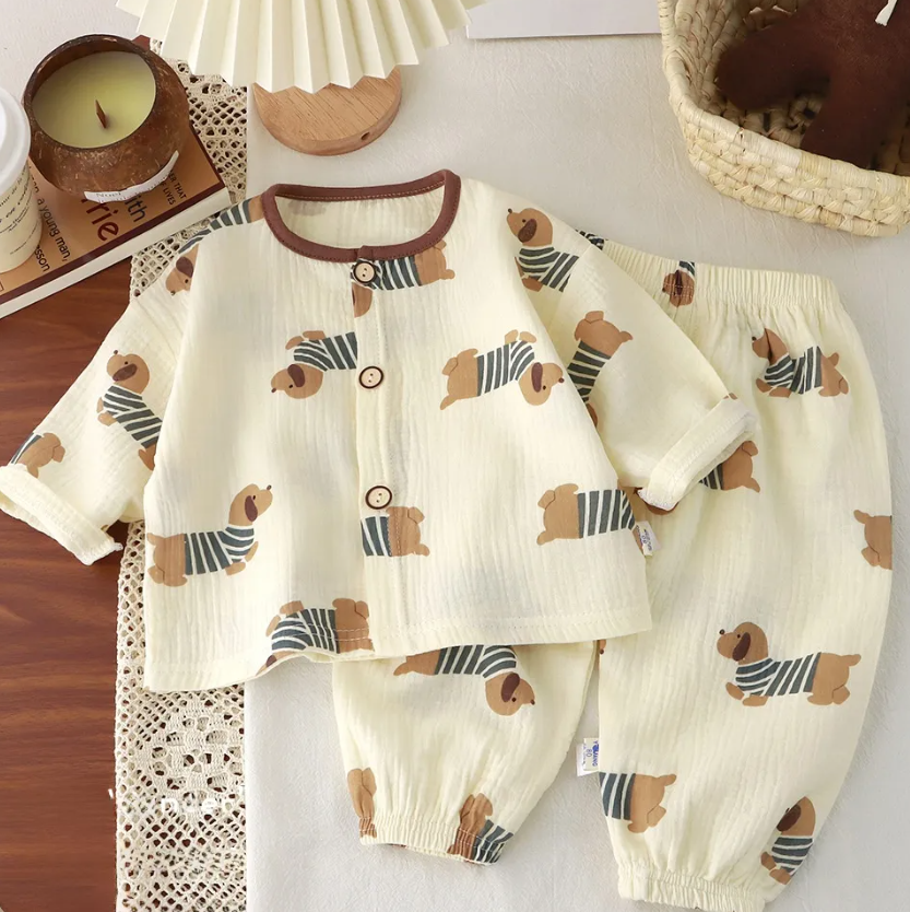 Children's Cotton Gauze Pajama Set Long Sleeve Home Wear