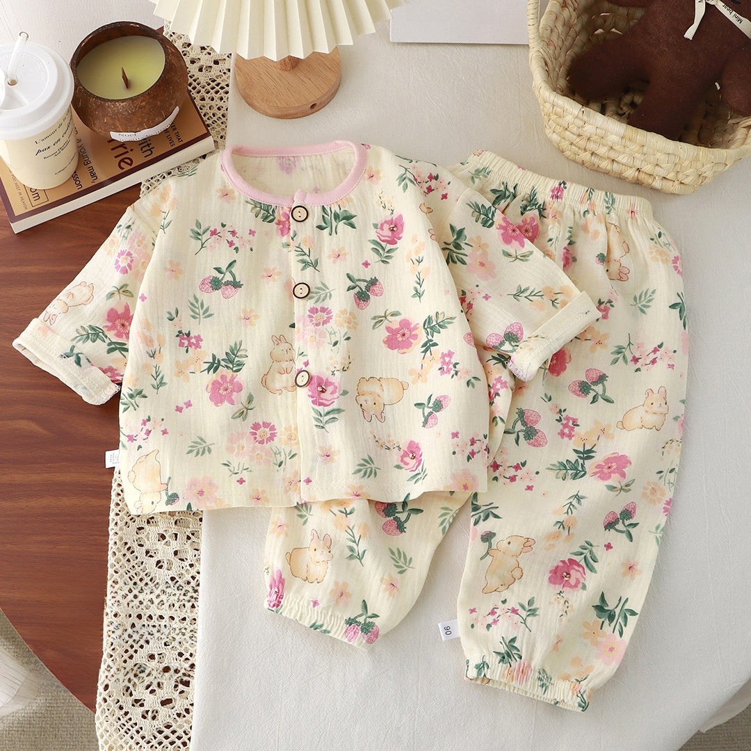 Children's Cotton Gauze Pajama Set Long Sleeve Home Wear