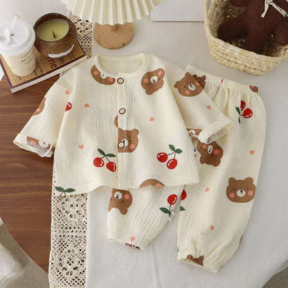 Children's Cotton Gauze Pajama Set Long Sleeve Home Wear