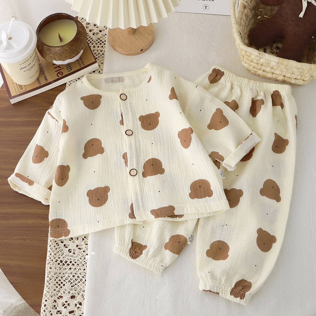 Children's Cotton Gauze Pajama Set Long Sleeve Home Wear