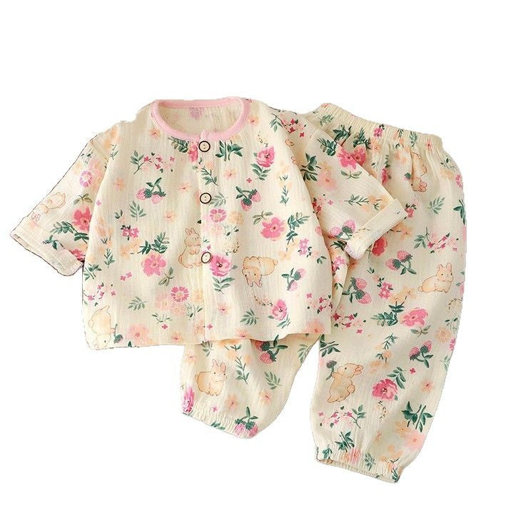 Children's Cotton Gauze Pajama Set Long Sleeve Home Wear
