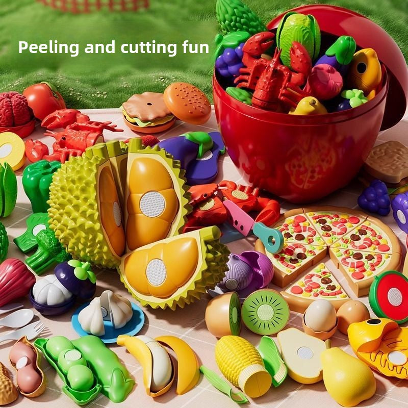 Children's Peelable Fruit Vegetable Cutting Play Toy Set with Storage Bucket