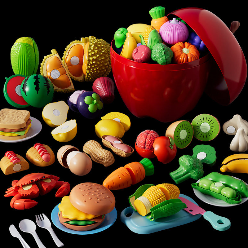 Children's Peelable Fruit Vegetable Cutting Play Toy Set with Storage Bucket