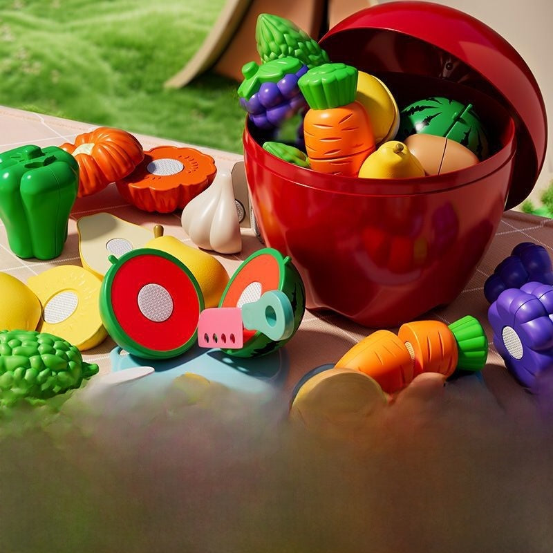 Children's Peelable Fruit Vegetable Cutting Play Toy Set with Storage Bucket