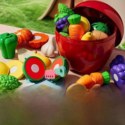 Children's Peelable Fruit Vegetable Cutting Play Toy Set with Storage Bucket