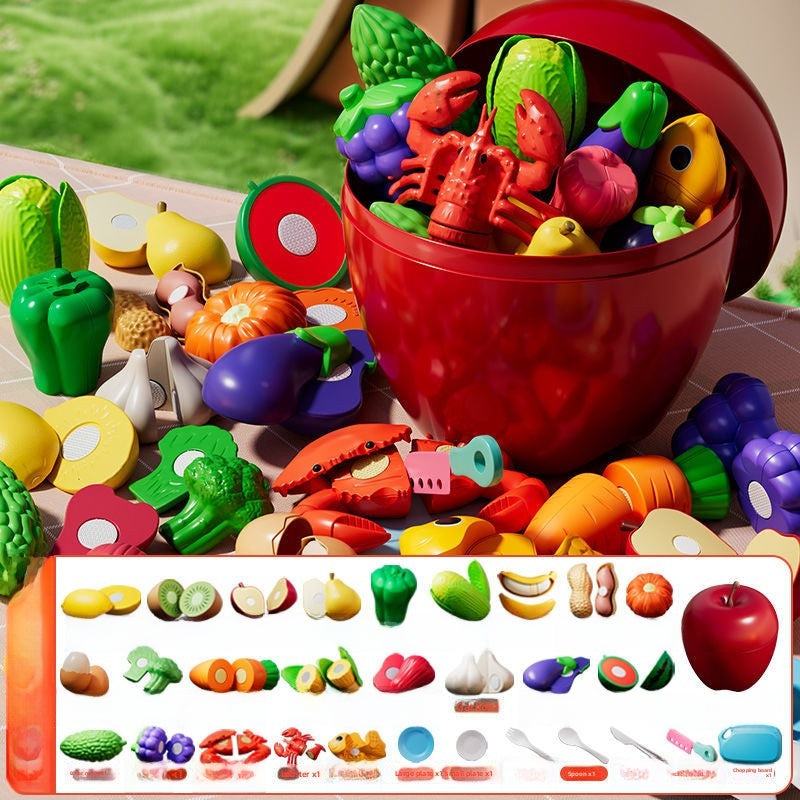 Children's Peelable Fruit Vegetable Cutting Play Toy Set with Storage Bucket
