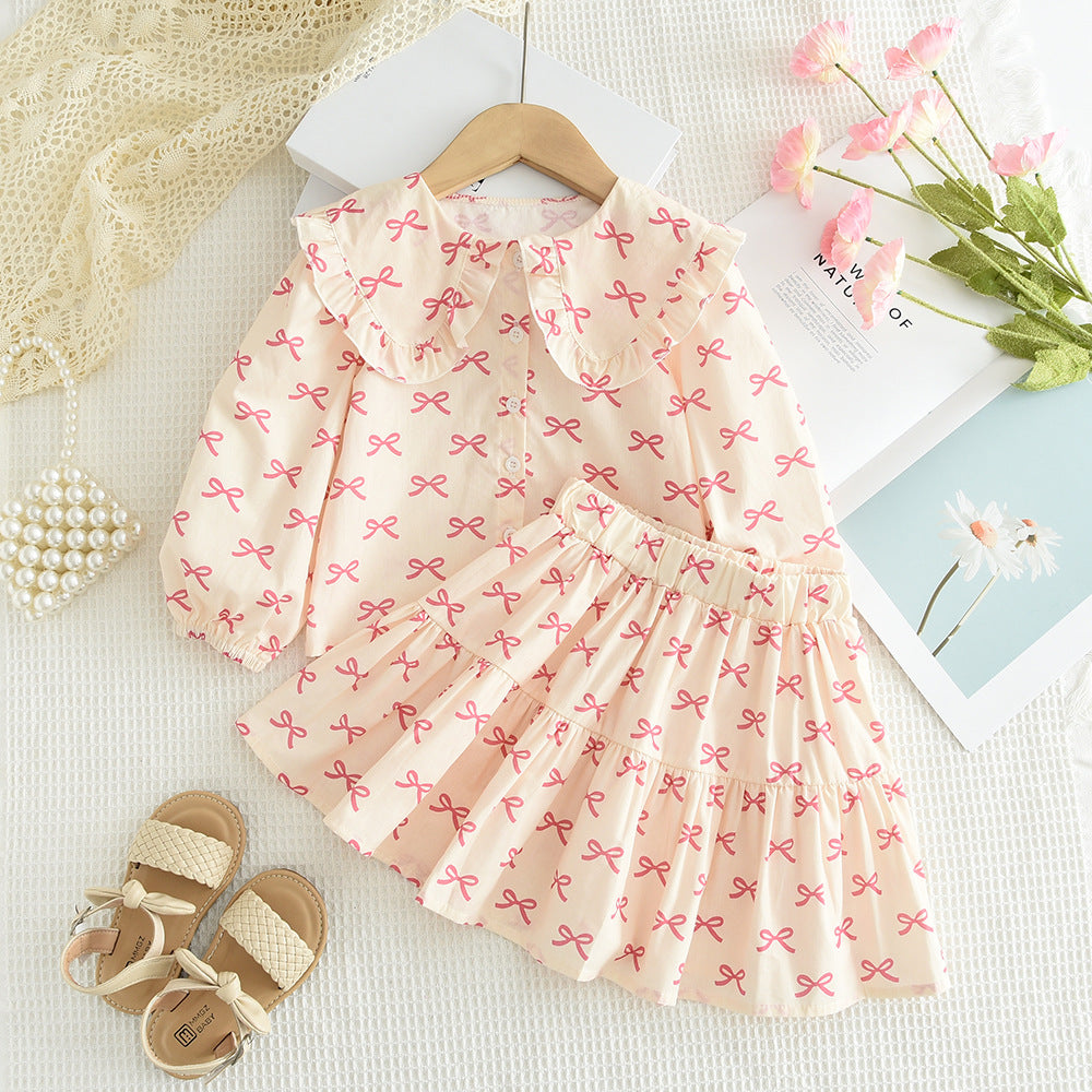Childrens Bow Print Long Sleeve Shirt and Skirt Set