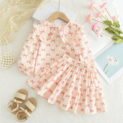 Childrens Bow Print Long Sleeve Shirt and Skirt Set