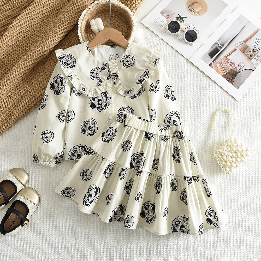 Childrens Bow Print Long Sleeve Shirt and Skirt Set
