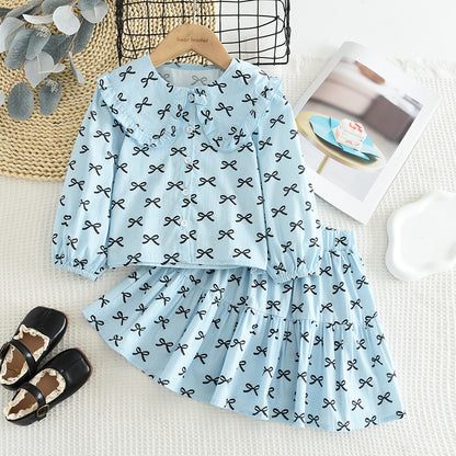 Childrens Bow Print Long Sleeve Shirt and Skirt Set