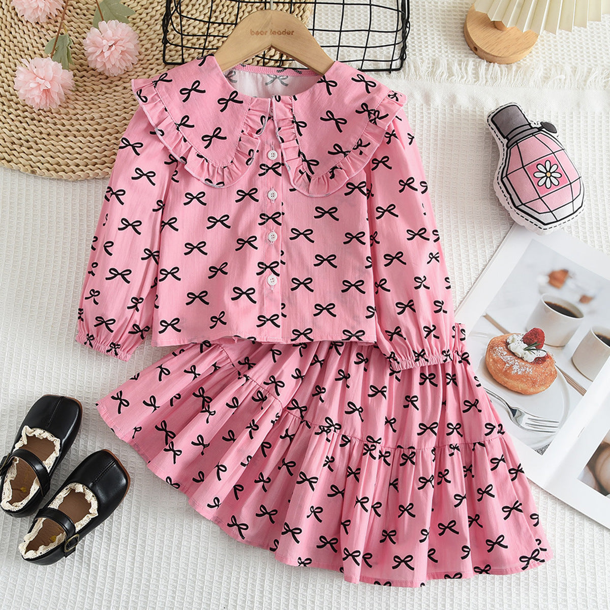 Childrens Bow Print Long Sleeve Shirt and Skirt Set