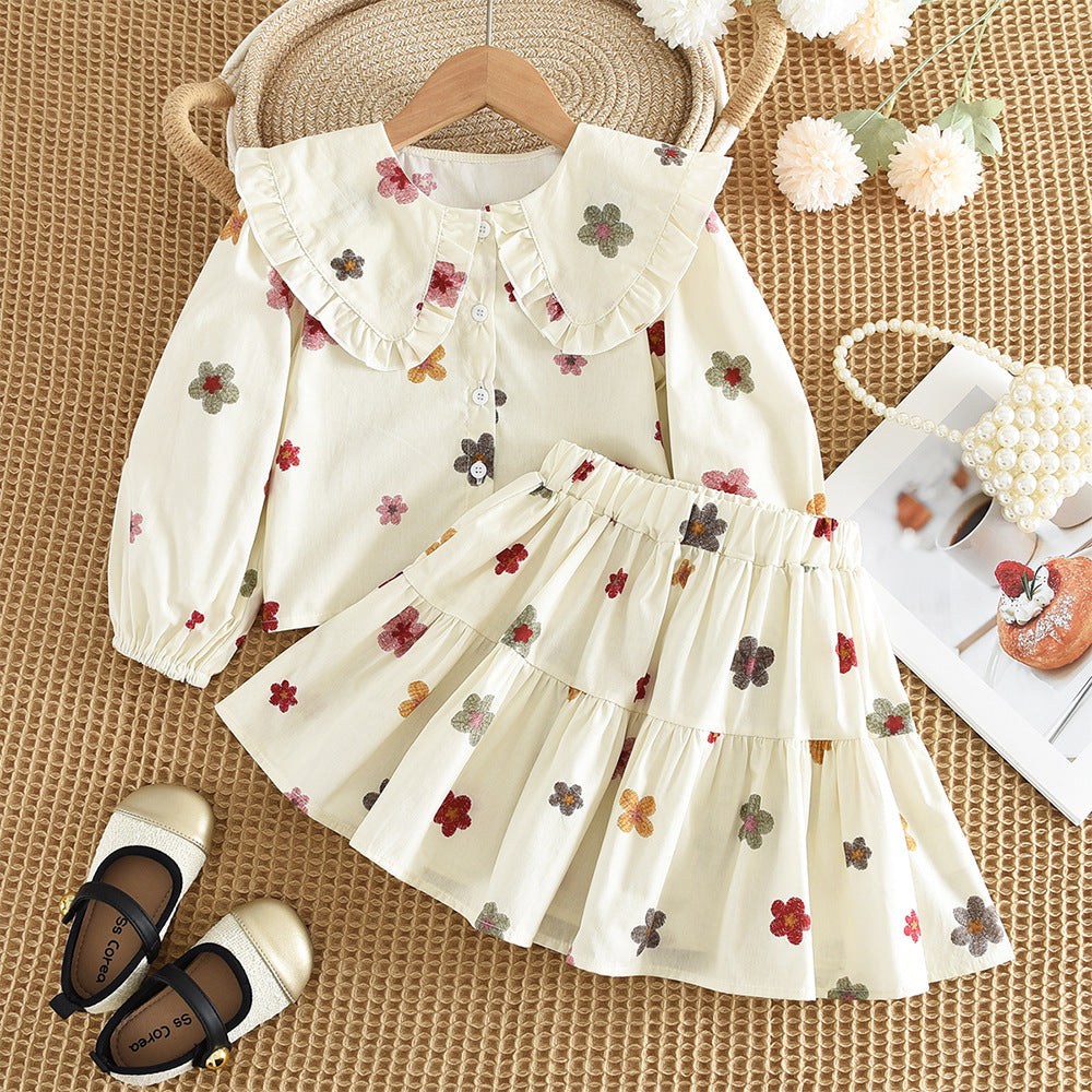 Childrens Bow Print Long Sleeve Shirt and Skirt Set