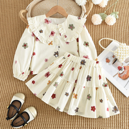 Childrens Bow Print Long Sleeve Shirt and Skirt Set