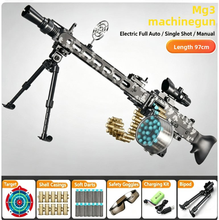 Childrens Chain-Fed Hand-Operated Mg3 Shell-Ejecting Soft Bullet Gun Electric Burst Toy